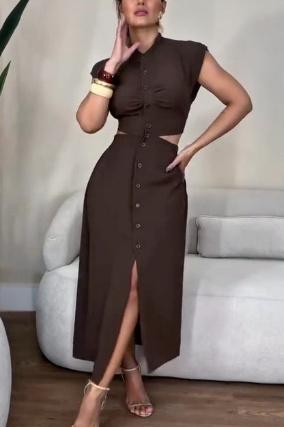 Stand Collar Cap Sleeve Cutout Button-Front Slit Midi Dress
