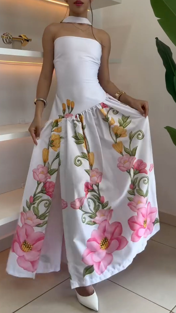 Women's Floral Print Strapless Maxi Dress White