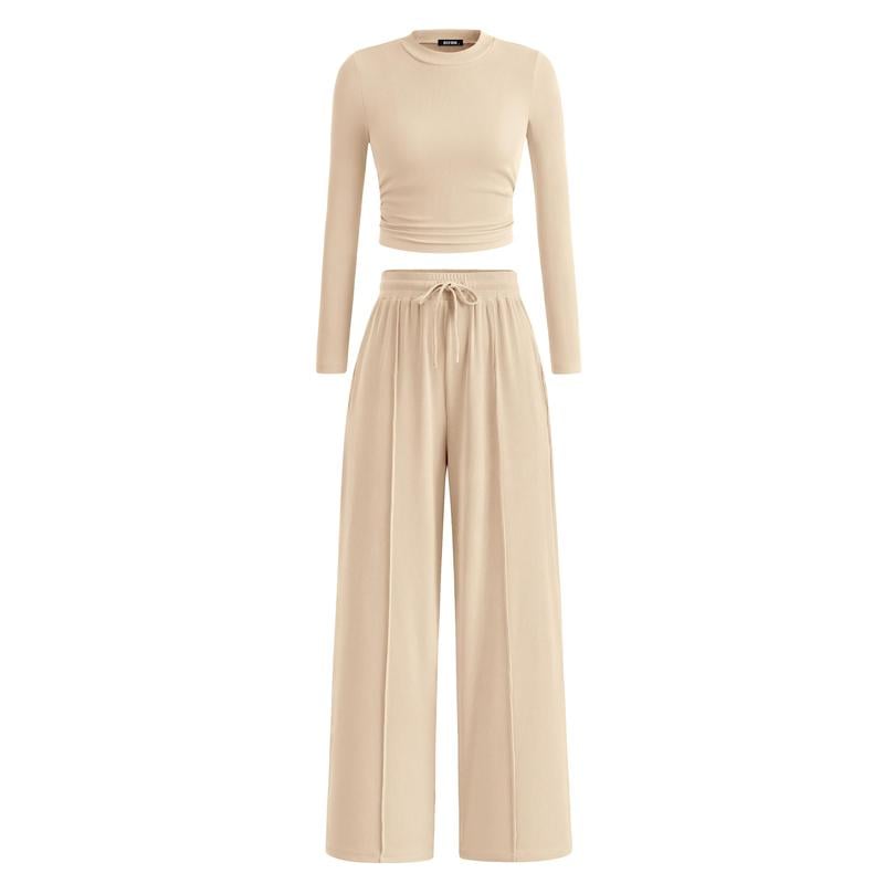 2-Piece Ribbed Knit Long Sleeve Crop Top Wide Leg Pants Matching Lounge Set Loungewear[Buy 2 Free Shipping]