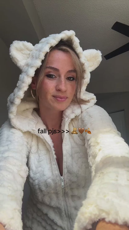 Women's Cozy Bear Plush Hooded Romper Onesie