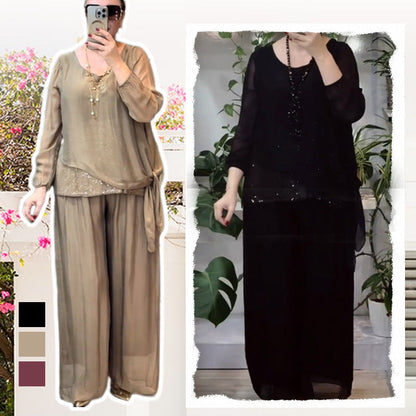 Women's 2-piece sequin blouse and wide-leg pants set