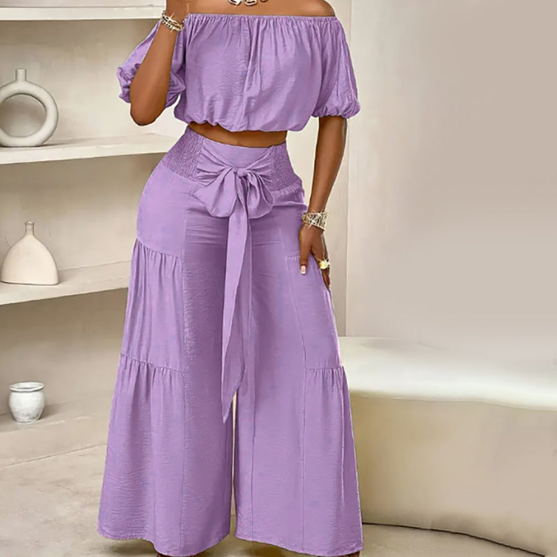 ☀️ 50% OFF NOW! 👗 Off-Shoulder Puff Sleeve Top & Wide-Leg Pants Set – Elegant Summer 2-Piece! 💃