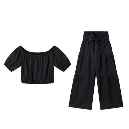 ☀️ 50% OFF NOW! 👗 Off-Shoulder Puff Sleeve Top & Wide-Leg Pants Set – Elegant Summer 2-Piece! 💃