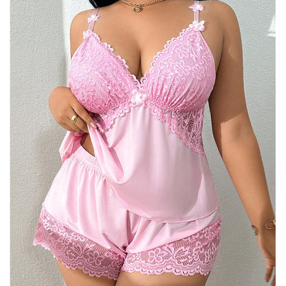 Maviglow™ – Lace V-Neck Cami & Shorts Pajama Set with Adjustable Straps 