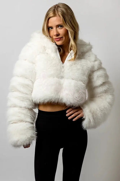 Blonde model with hand on hip wearing cropped Sugarfur fluffy festival Coat 
